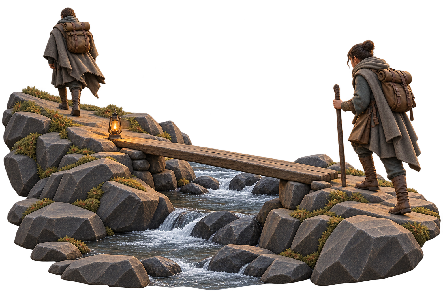 Two travelers crossing a stream on a narrow wooden plank, rendered as a matte sculpture.