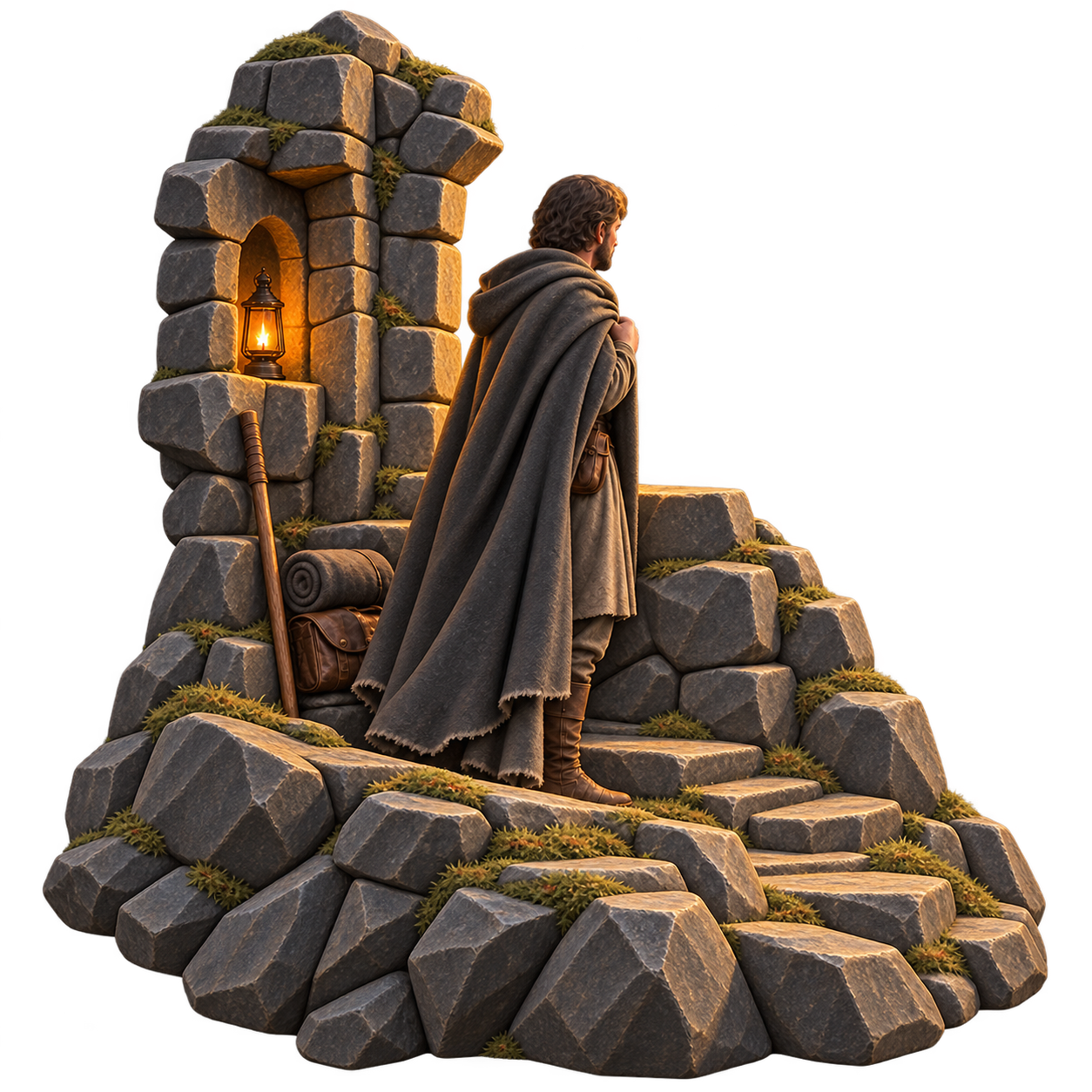 A cloaked traveler keeping watch from a stone window, rendered as a matte sculpture.